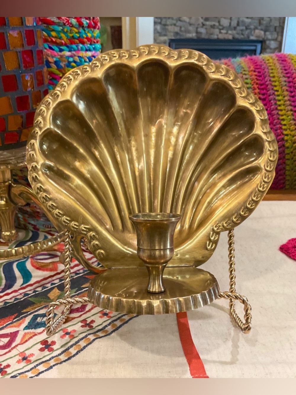 Vintage MCM Solid Brass Clam Shell Candle Holder Wall Sconce